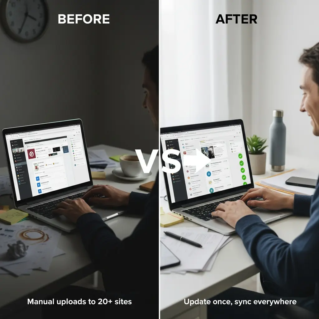 Before and after comparison showing cluttered manual WordPress image uploads versus organized automated sync with ImageZe