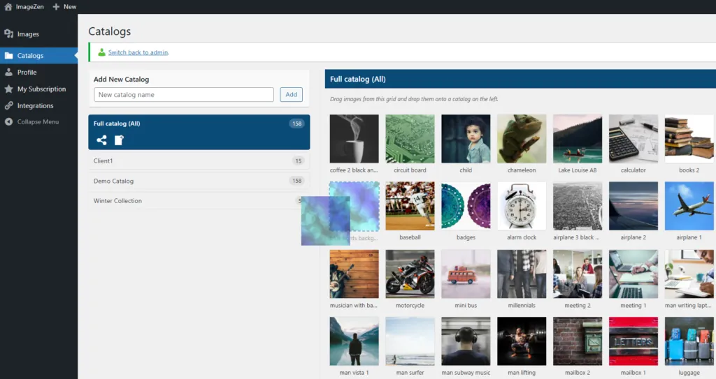 ImageZen dashboard showing central image catalog with organized media library for syncing across multiple WordPress sites