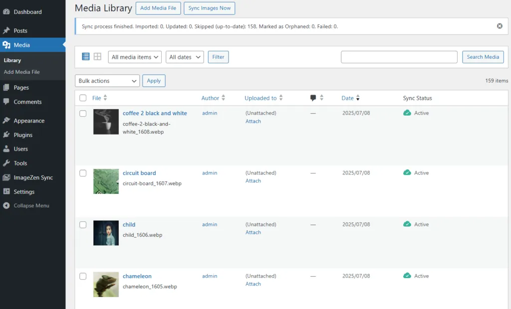 WordPress Media Library showing ImageZen Plugin synced images integrated seamlessly with native WordPress interface 