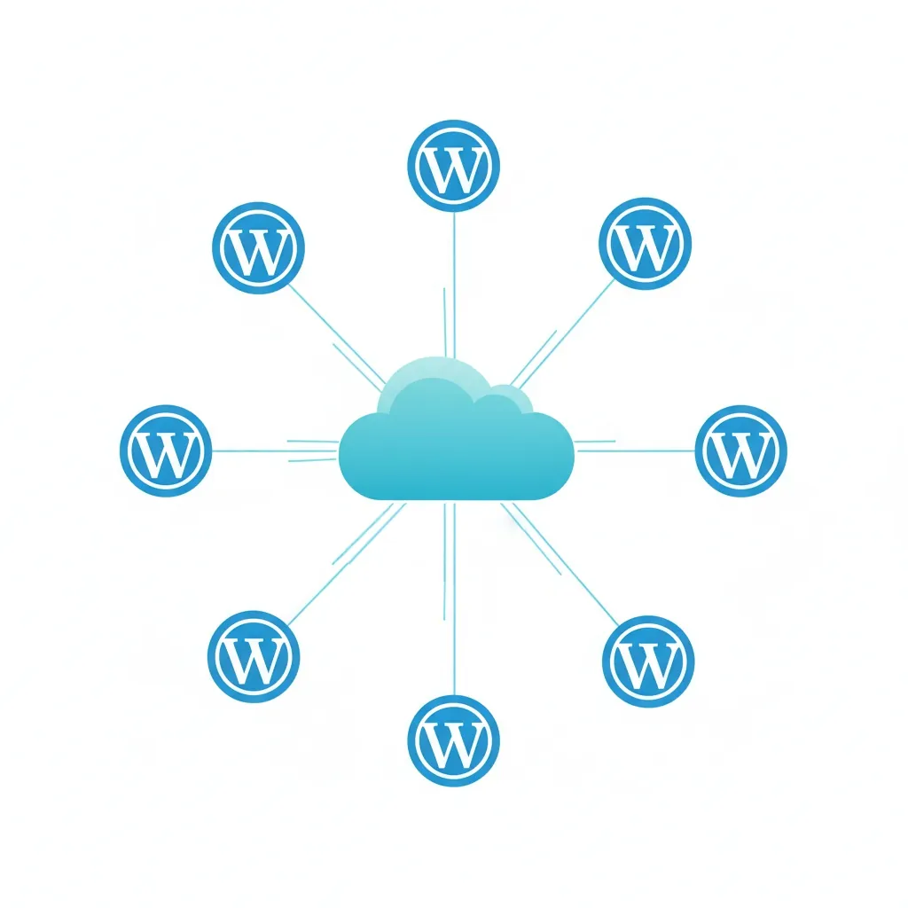 Hub and spoke architecture diagram showing centralized image sync from ImageZen to multiple WordPress sites