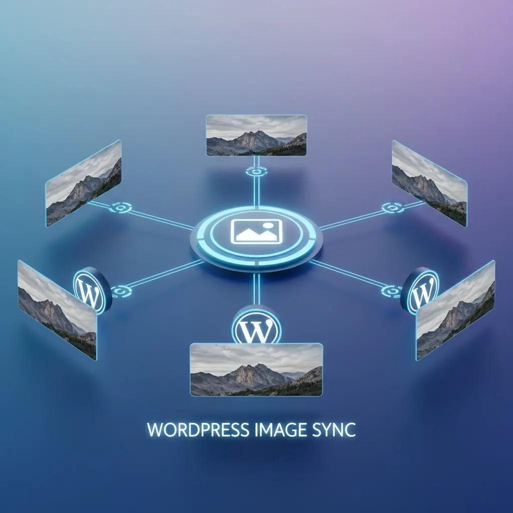 Diagram showing centralized image management system syncing one image update across multiple WordPress sites automatically
