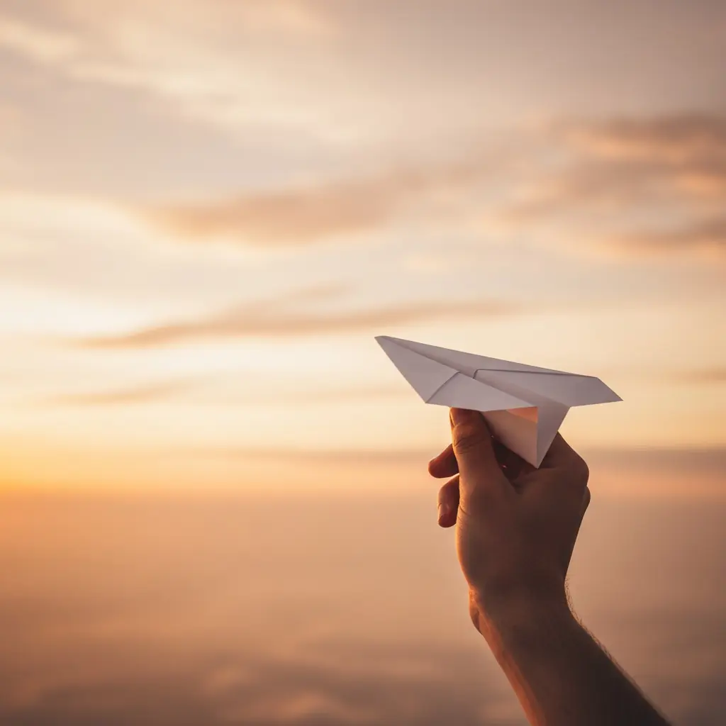 Hand releasing paper airplane into golden sky - WordPress agency automation and freedom from repetitive tasks