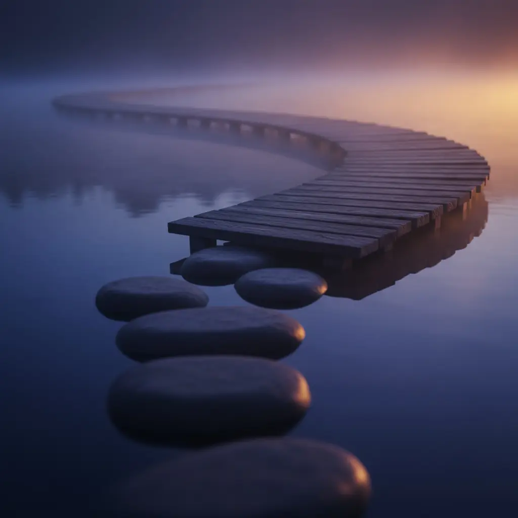 Wooden bridge path crossing water at twilight - standardized WordPress client onboarding process guiding from uncertainty to clarity