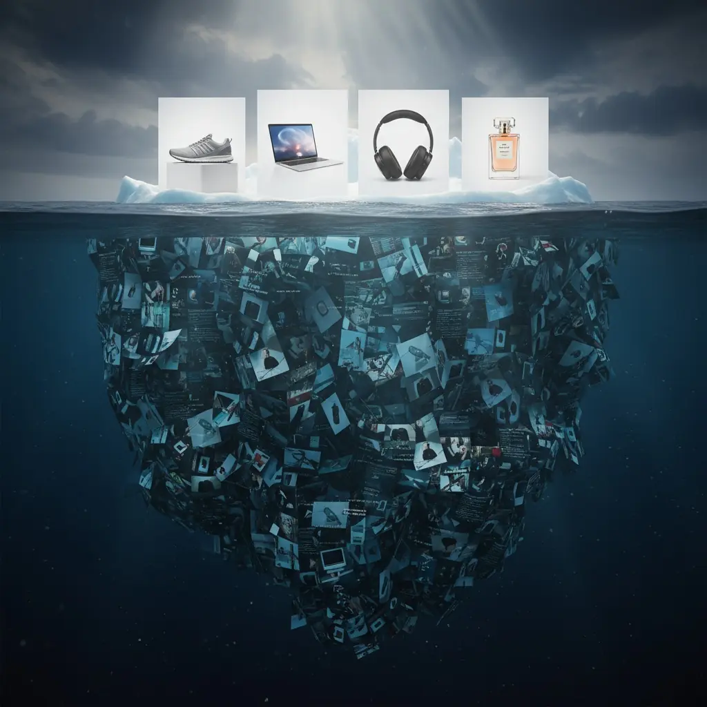 Iceberg made of product photos showing visible images above water and massive hidden collection below water, representing the hidden costs of manual image updates across multiple WordPress sites