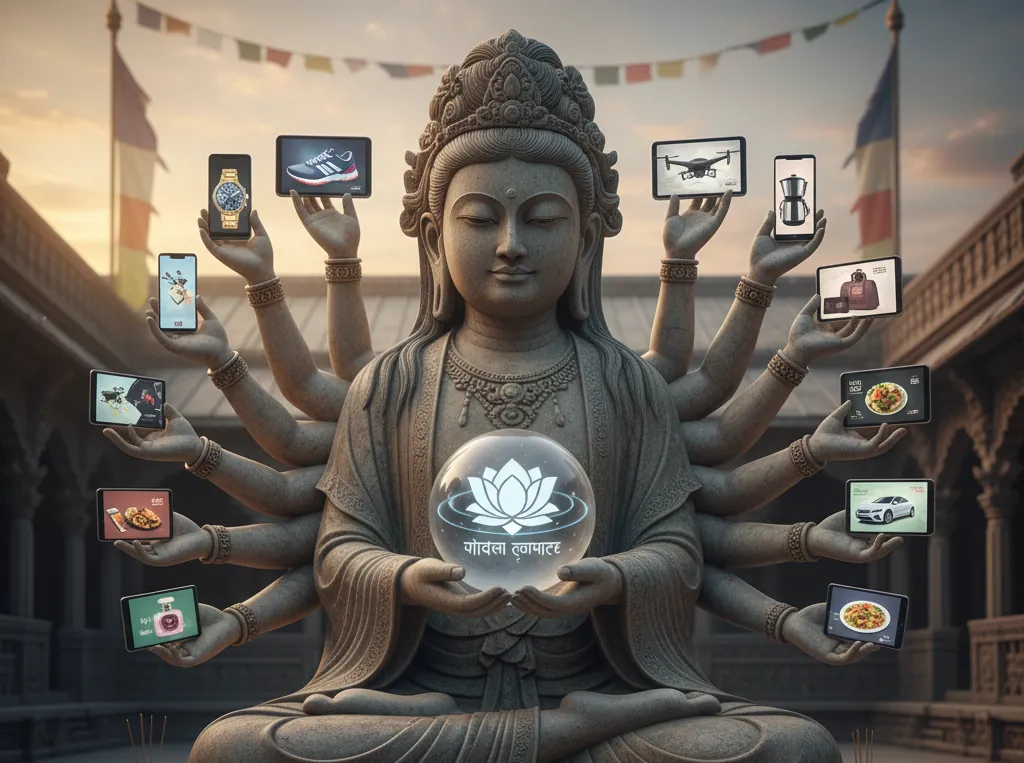 A multi-armed deity holding various product images on digital screens, symbolizing the efficient and automatic sharing of images between multiple WordPress sites without manual uploads